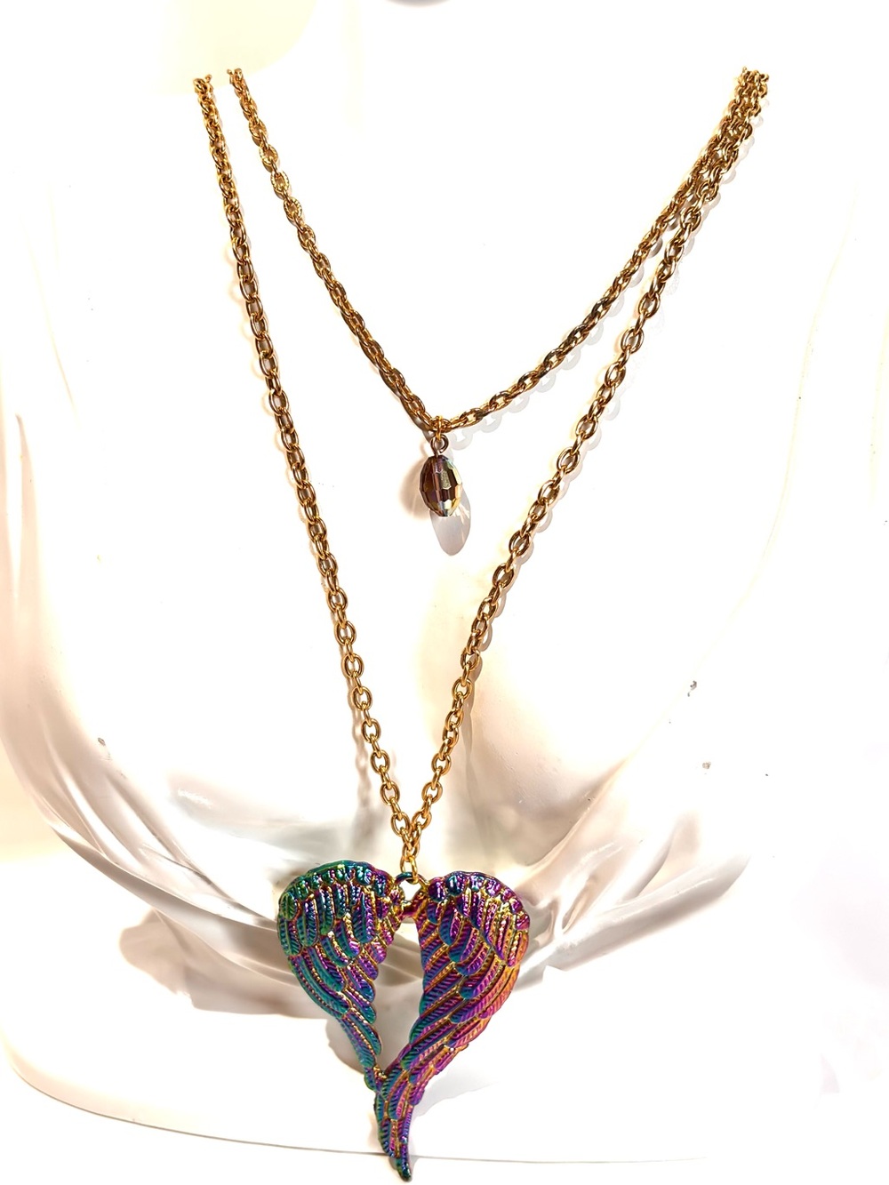 Handmade iridescent Multicolor Wing Pendant Necklace - Gold tone double Chain